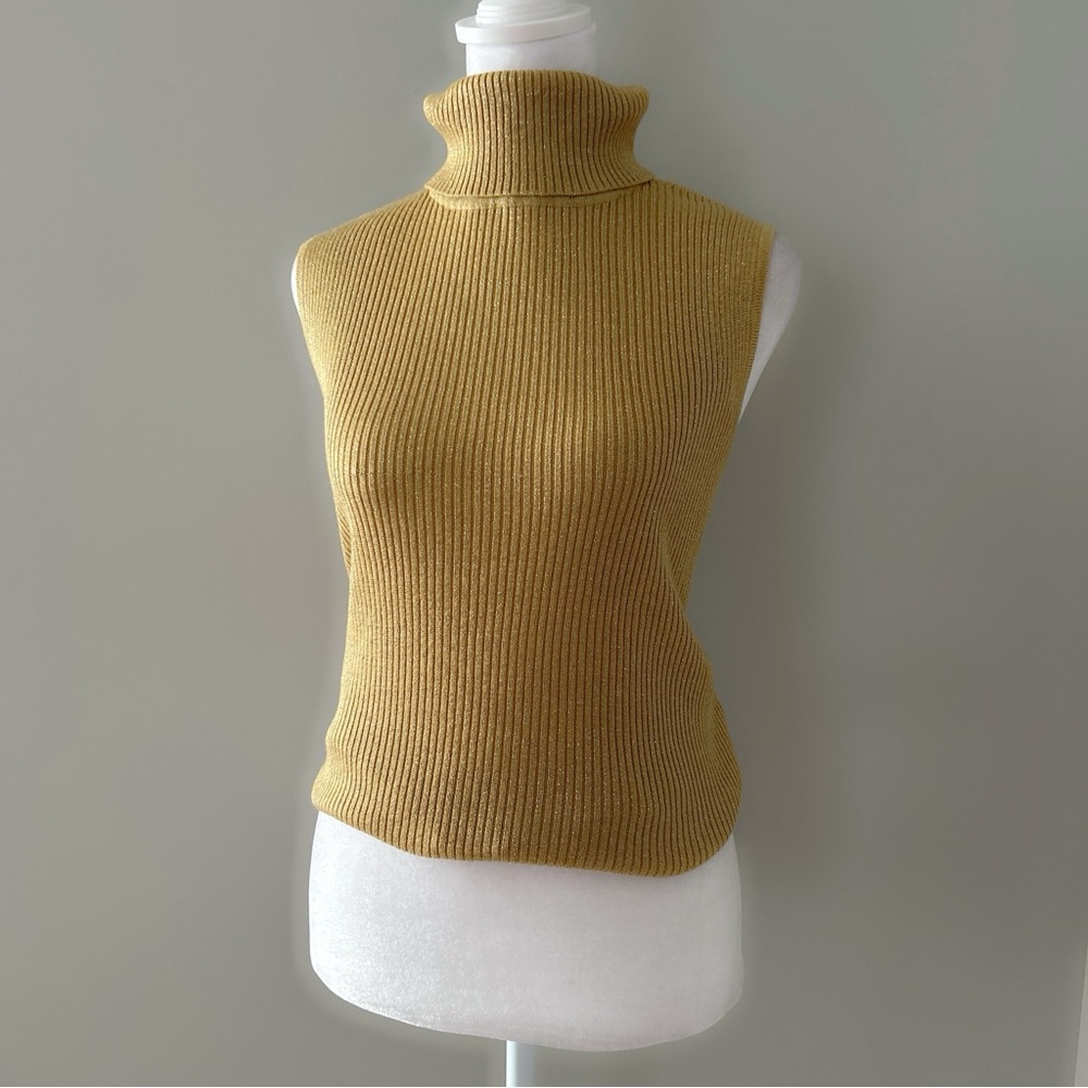 Hillard & Hanson Gold Ribbed Turtleneck Sleeveless Sweater Metallic Knit Top